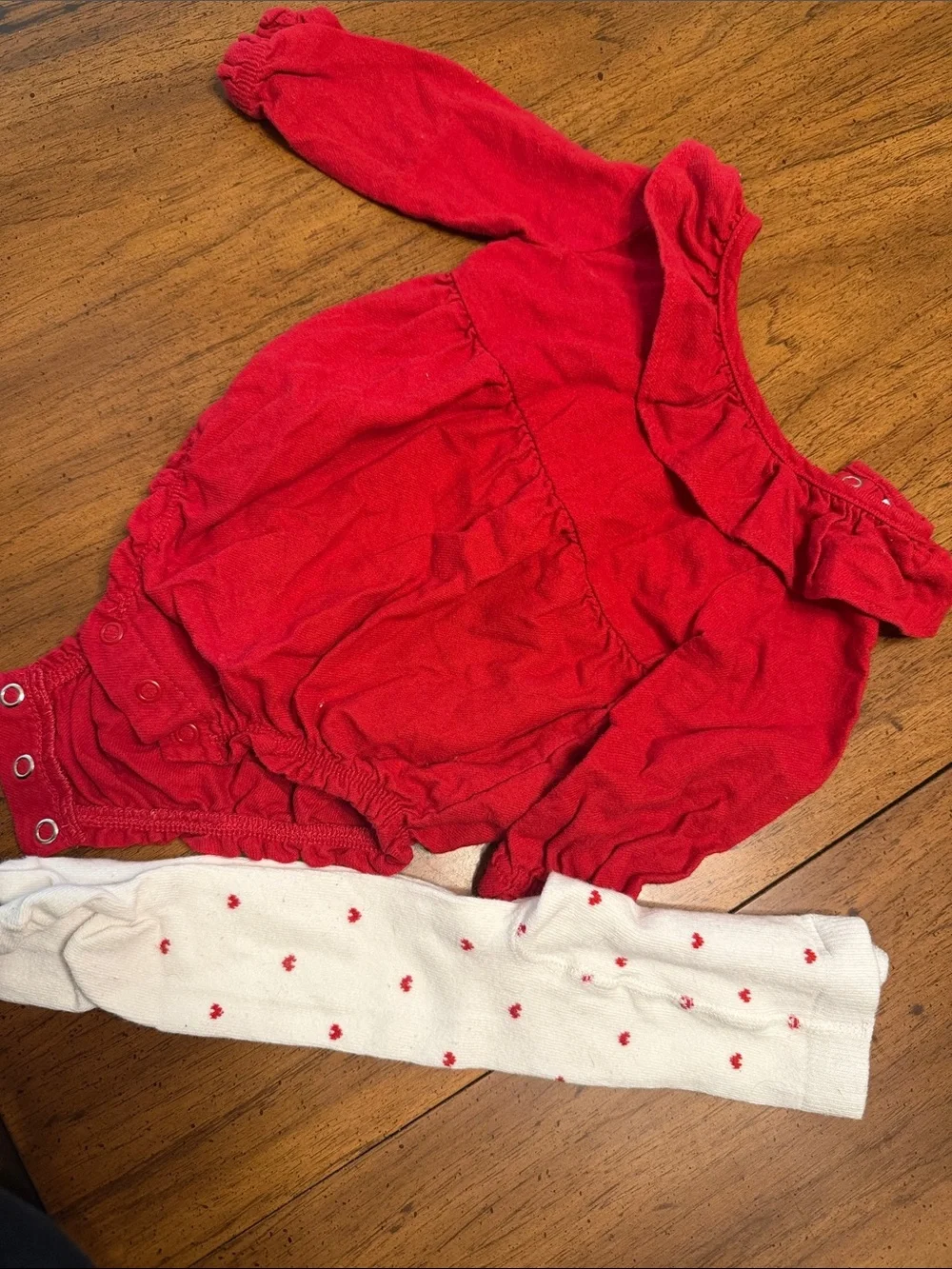 Carters Valentine’s day Red Baby Ruffle Neck Bodysuit with Heart Dot Tights 6M